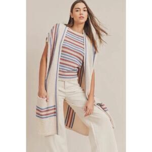 Sadie & Sage Womens S Cream Striped Knit Long Duster Sweater Cardigan Boho